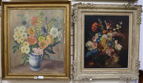 Laura S. Pyle, oil on canvas, still life of mixed flowers, signed, and another still life 63 x 54cm